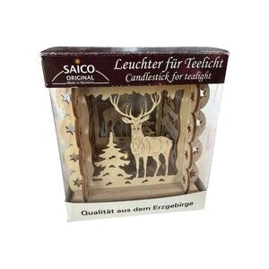 NOS Saico Original German Wooden Tealight Holder Handcrafted Elk Deer Wildlife